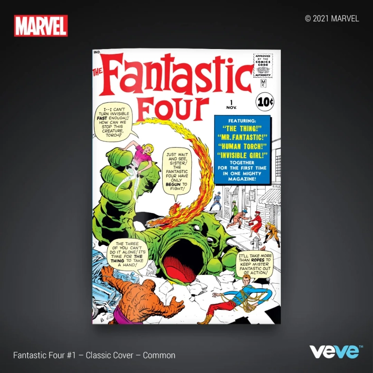 Klassisches Cover von Fantastic Four Nummer 1: Das Team kämpft gegen eine riesige Kreatur über Mole Man.