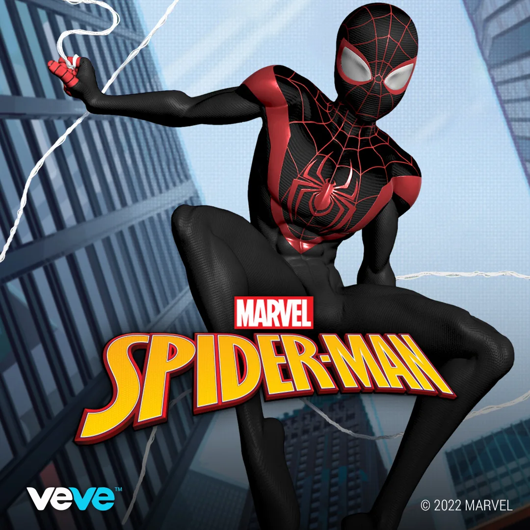 Miles Morales hockt im schwarz-roten Spider-Man-Anzug über einer Stadtstraße.