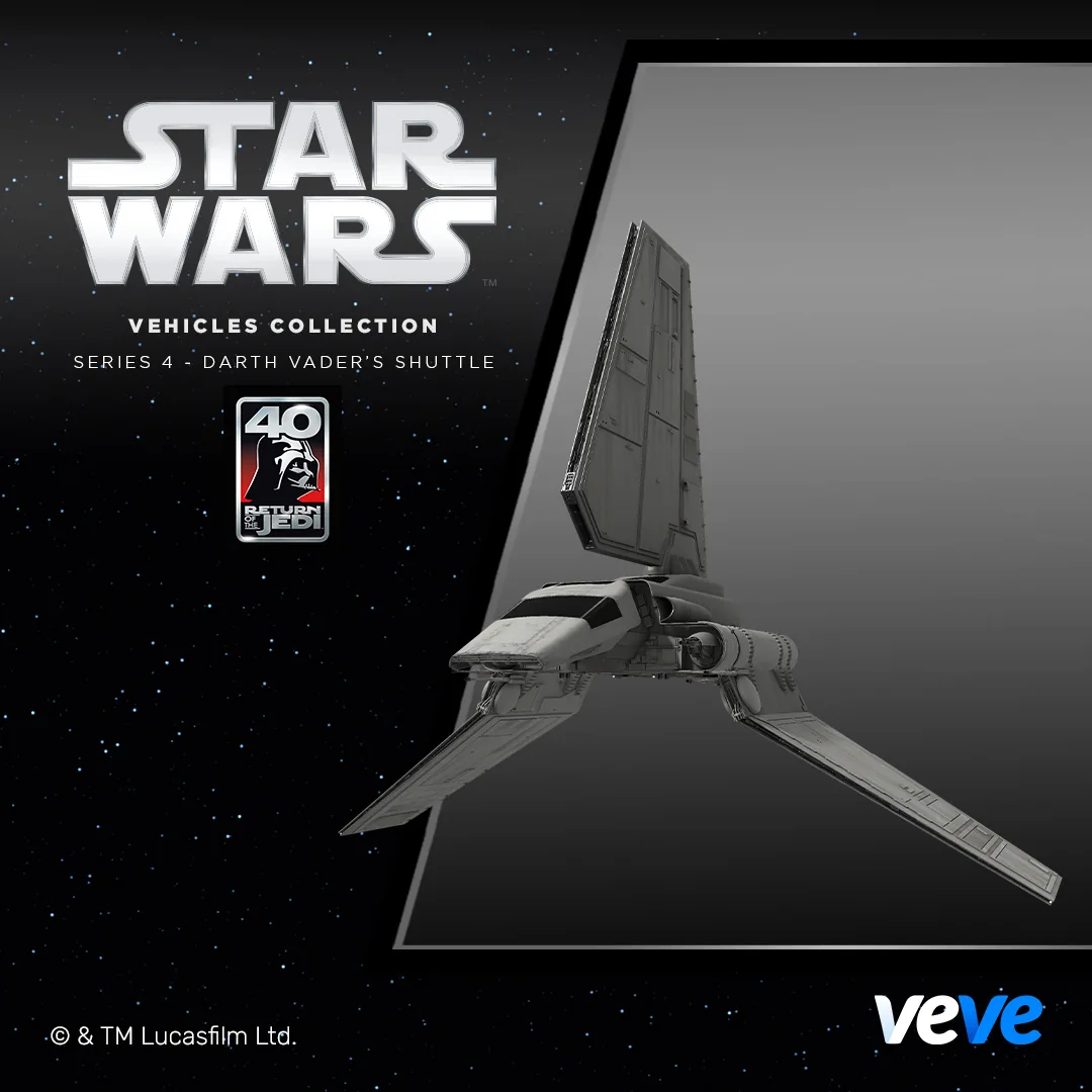 White Lambda-class Imperial shuttle with tall center wing and folding side wings.