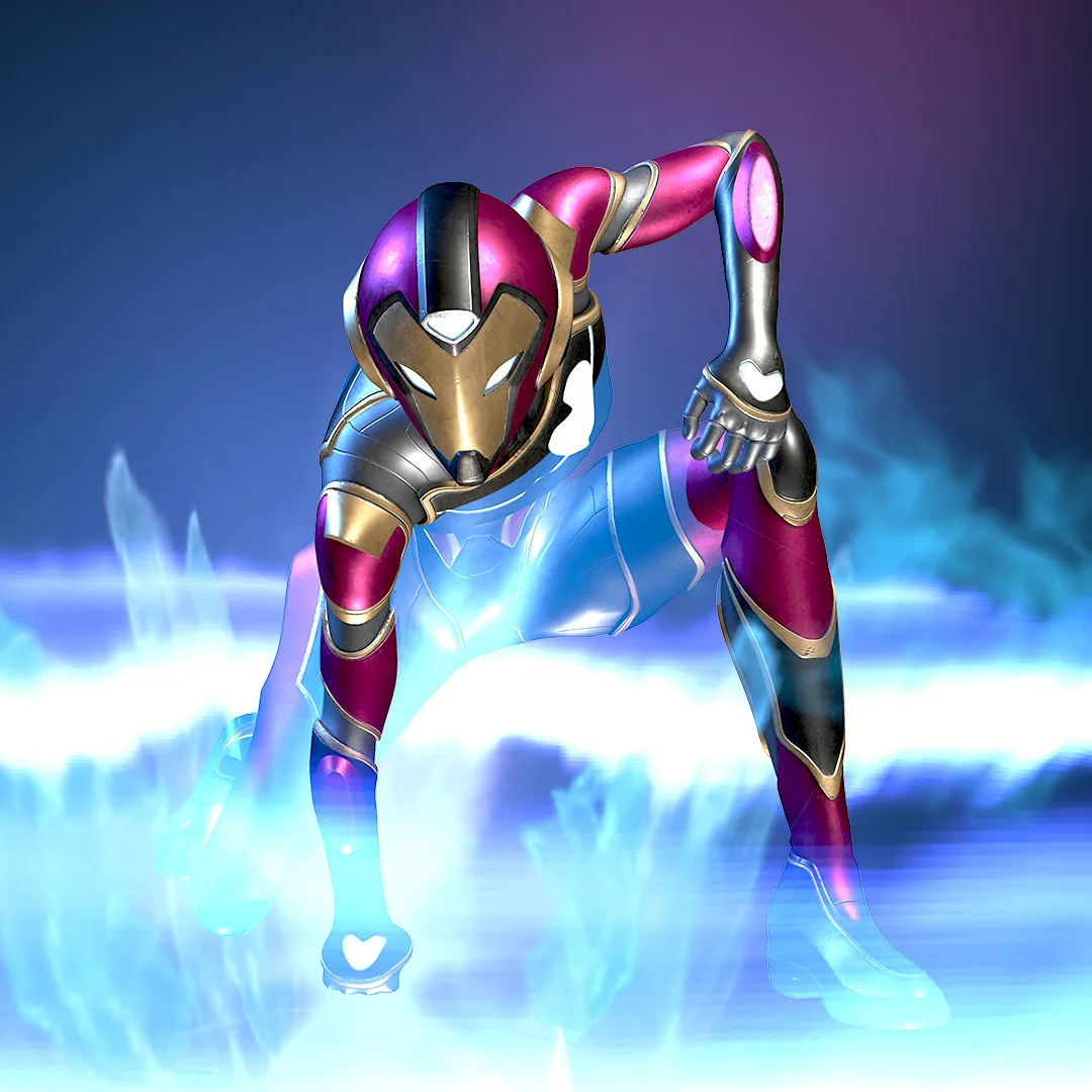 Ironheart geht in eine tiefe Actionpose; blaues Licht umgibt Hände und Füße.