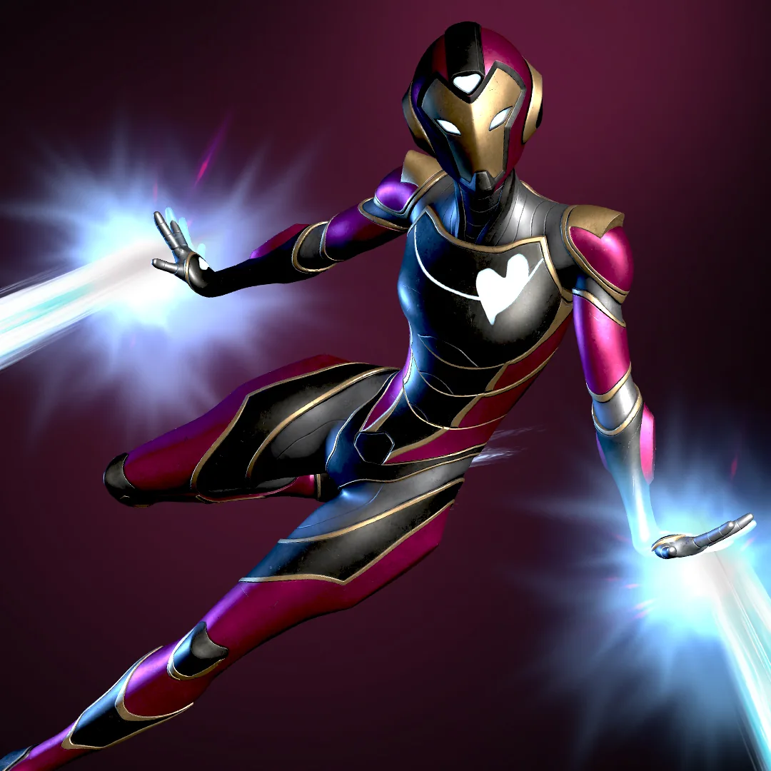 Ironheart fliegt in magenta-schwarzer Rüstung mit goldenen Konturen und Licht an beiden Händen.