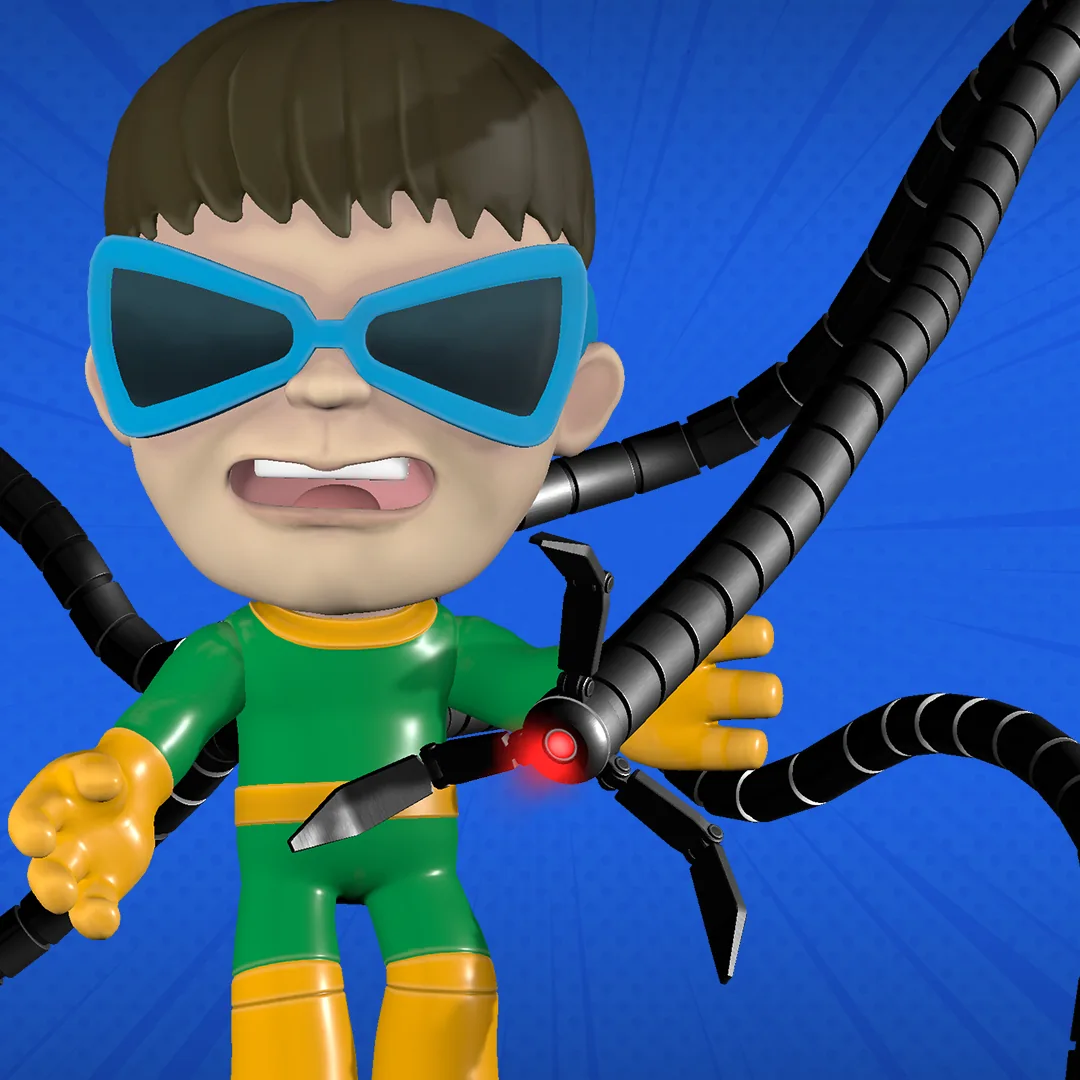 Doctor Octopus Marvel Mighty with blue goggles and mechanical tentacles raised behind him.