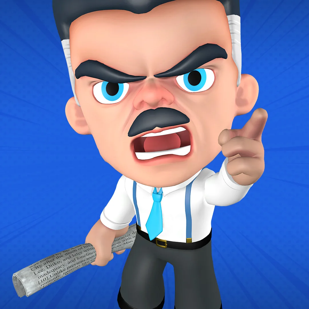 J. Jonah Jameson Marvel Mighty points angrily while holding a rolled newspaper.