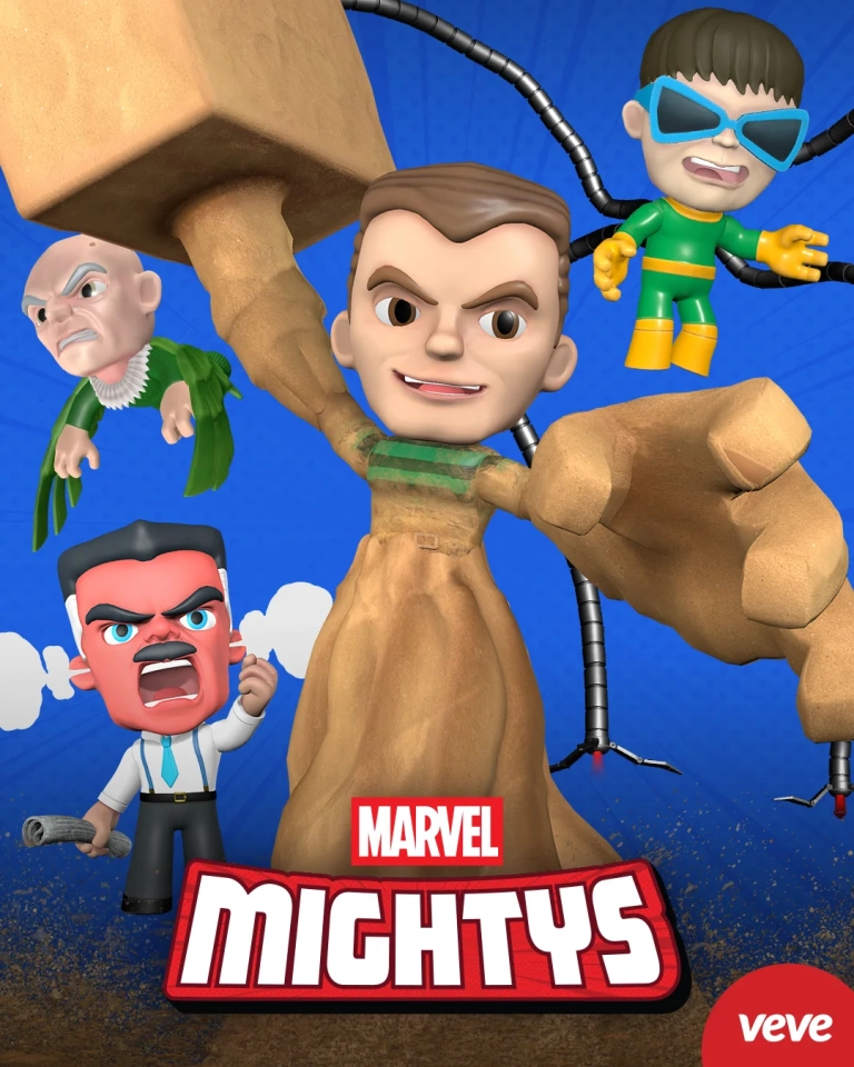 Marvel-Mightys-Gruppenbild der Sinister Villains mit Sandman vorn und weiteren Spider-Man-Gegnern dahinter.