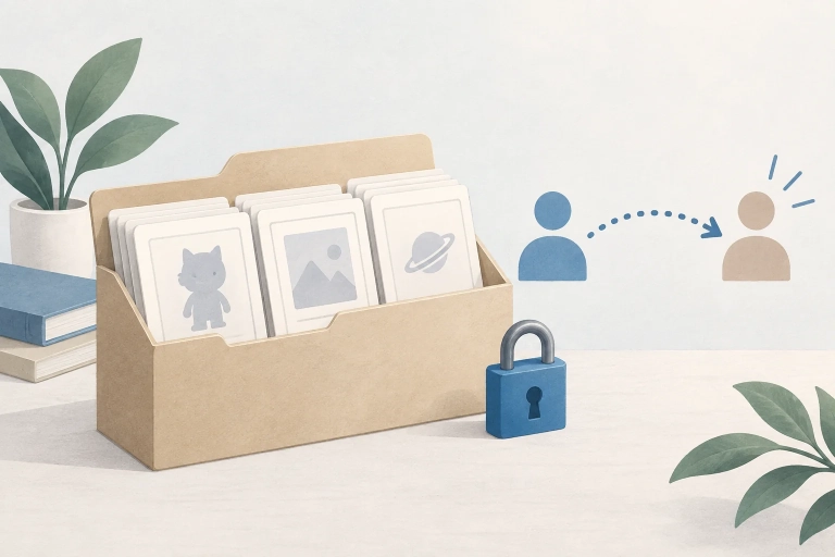 Illustration of an organised collection folder, a padlock and two person symbols connected by a dotted arrow.