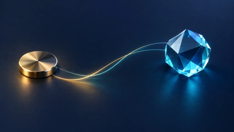 Abstract illustration of a metallic token and blue gem connected by two light trails.