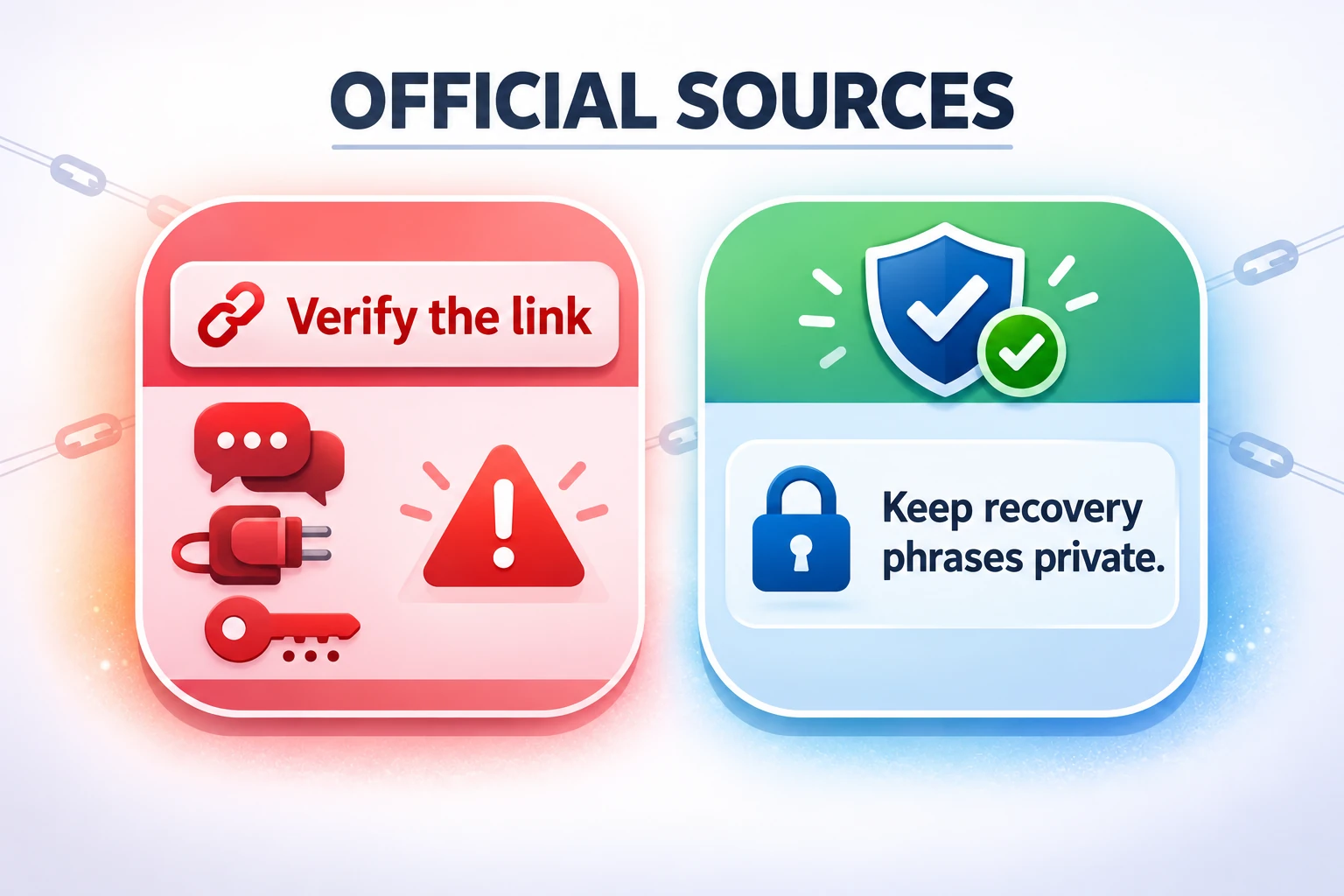 Use official sources, verify the destination of a link and keep recovery phrases private.