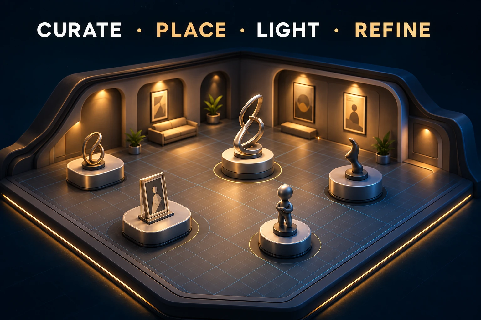 Conceptual gallery with abstract sculptures, display plinths and focused lighting.