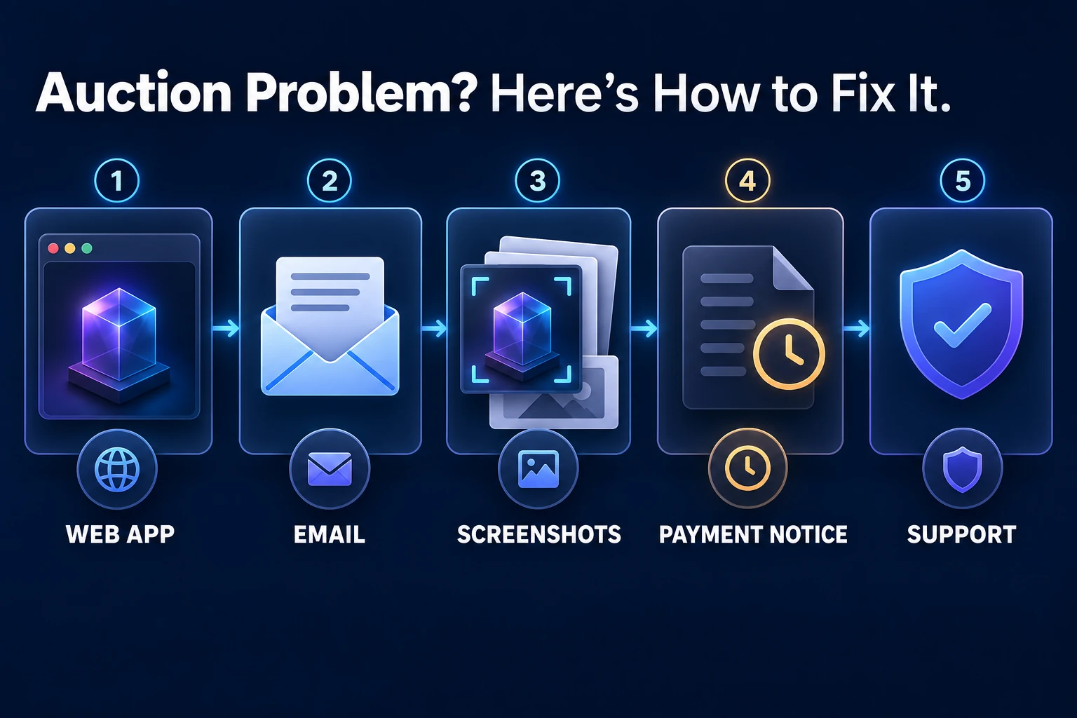For an auction issue, review the web app, email, screenshots and payment notice before contacting support.