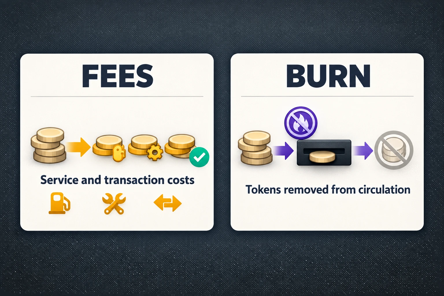 Fees cover service or transaction costs; token burning removes tokens from circulation. These are different mechanisms.