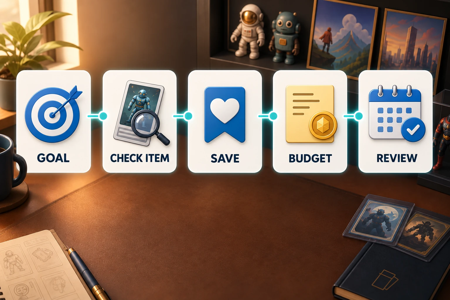 Sammelziel setzen, ein Objekt prüfen und vormerken, das Budget berücksichtigen und die Liste überarbeiten.