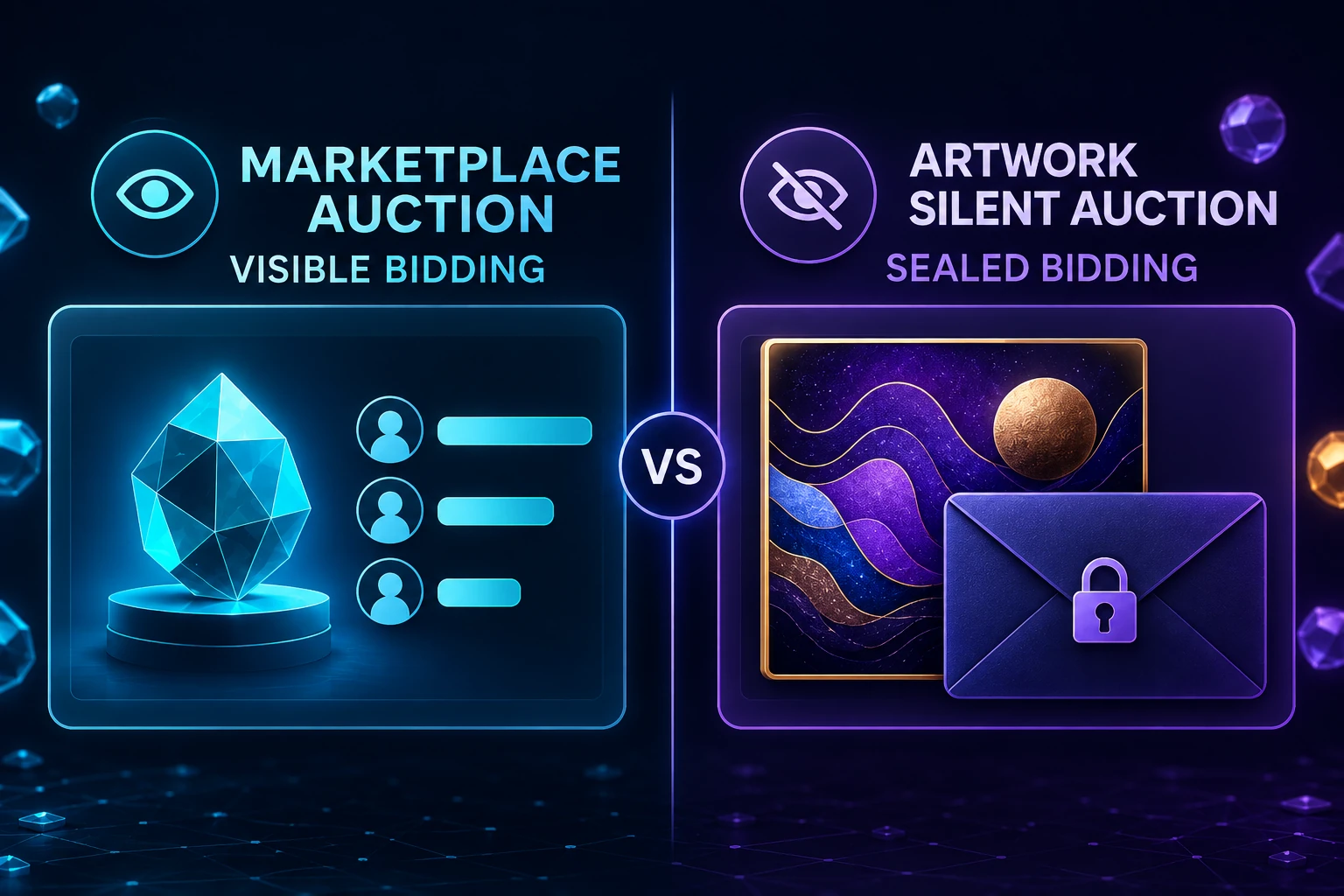 Marketplace auctions use visible bidding; artwork silent auctions use sealed bidding. Check the rules of the specific auction.