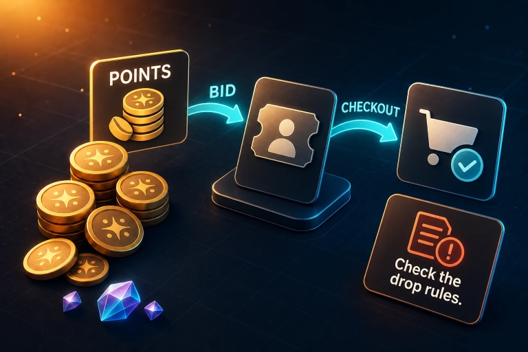 MCP points, a priority bid and checkout are separate steps. Eligibility, point use and payment follow the individual drop rules.