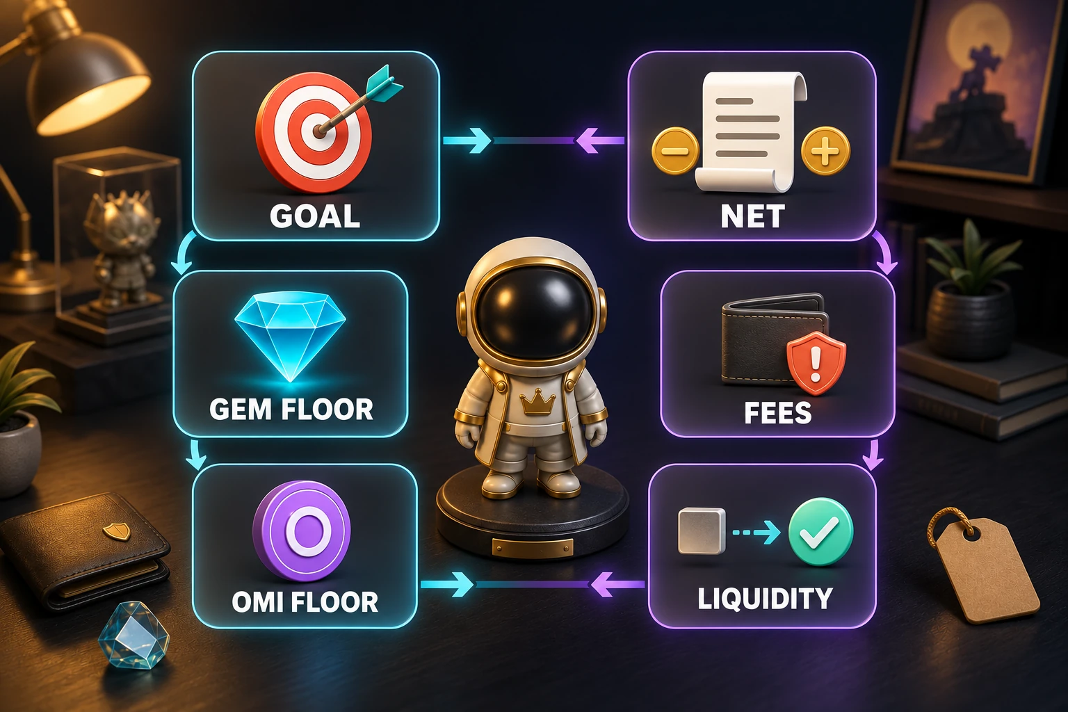 Compare Gem and OMI floor prices against your goal, including fees, net proceeds and actual liquidity.