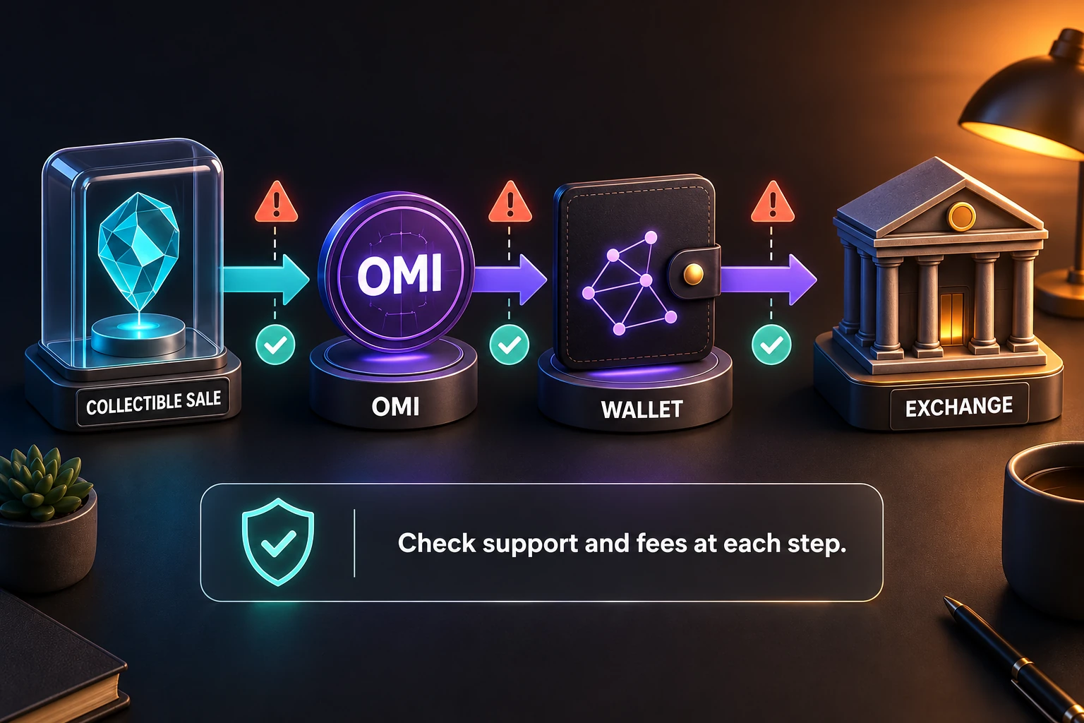 Eligible collectible sales can provide a separate OMI route through supported wallets and exchanges. Check support and fees at each step; this is not a Gems withdrawal route.