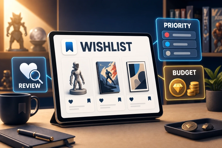 Eine Wunschliste hilft, Prioritäten und Budget zu ordnen und mögliche Ergänzungen zu prüfen. Konzeptillustration, kein App-Screenshot.