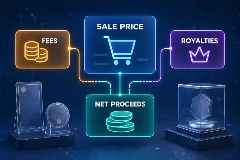 Fees and applicable royalties reduce the net proceeds from a sale; the exact charges depend on the market and item.