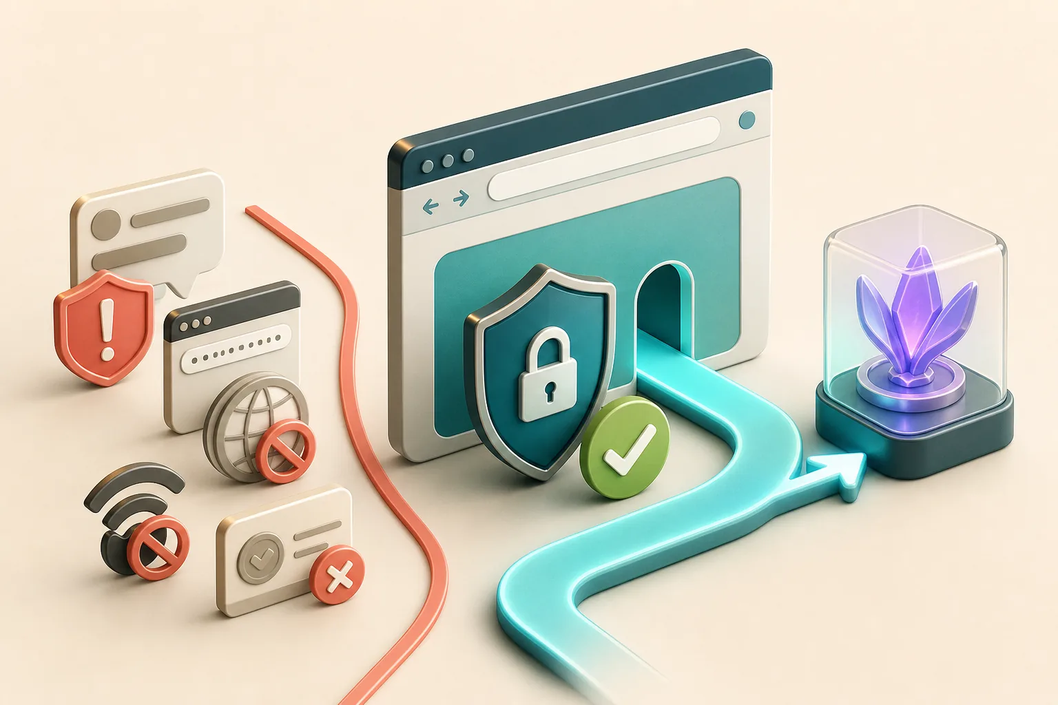 3D-Illustration mit blockierten Nachrichten-, Domain- und Verbindungssymbolen neben sicherem Browserpfad zum Collectible.