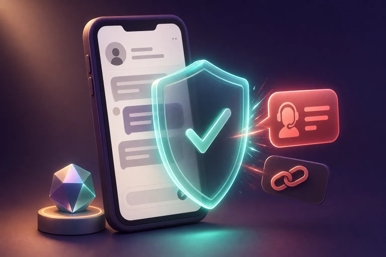 Smartphone mit Chatansicht hinter leuchtendem Schutzschild, daneben Warnsymbole für Fake-Support und einen riskanten Link