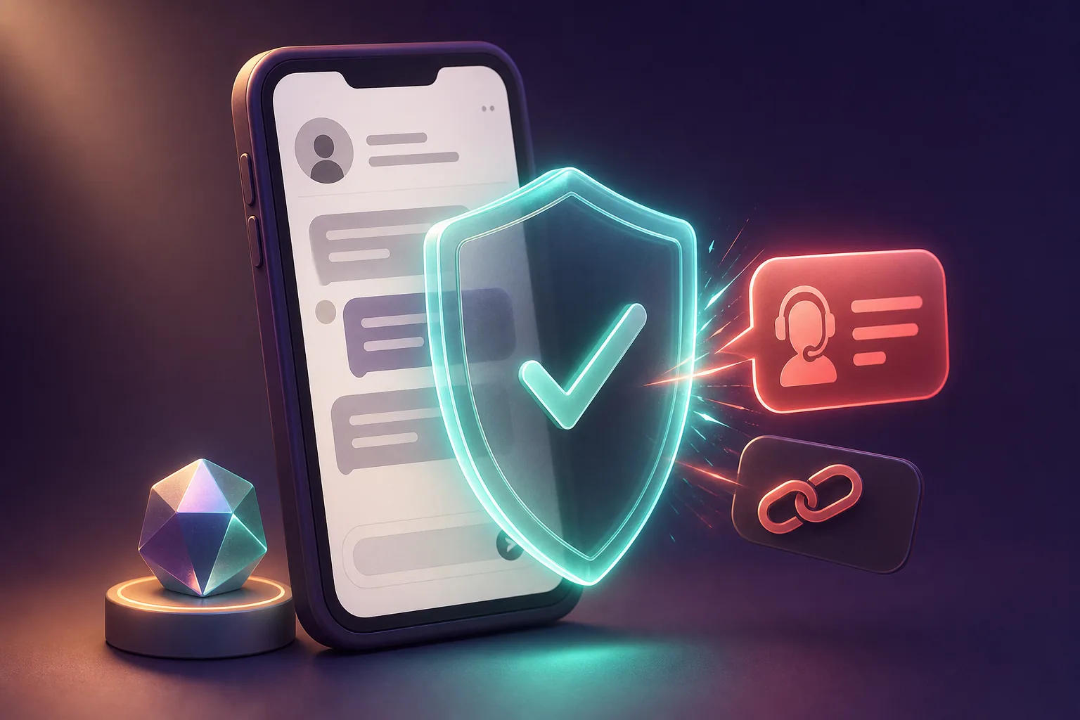 Smartphone mit Chatansicht hinter leuchtendem Schutzschild, daneben Warnsymbole für Fake-Support und einen riskanten Link