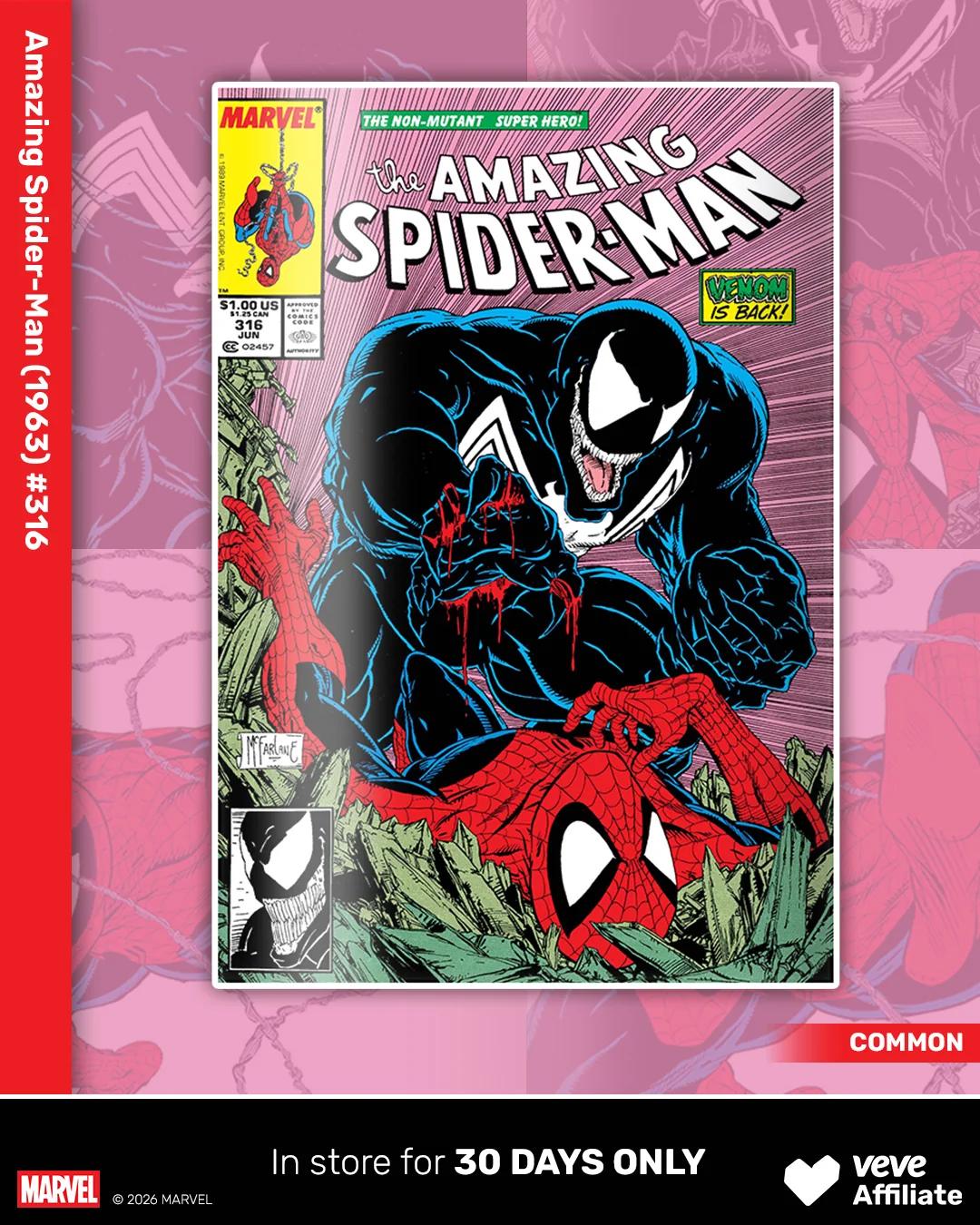 Common cover of Amazing Spider-Man #316 on VeVe, showing Venom above a defeated Spider-Man against a pink background.