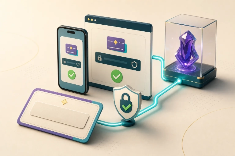 3D-Illustration mit Smartphone, Browserfenster, verdeckter Codekarte, Sicherheitsschild und violettem Collectible.