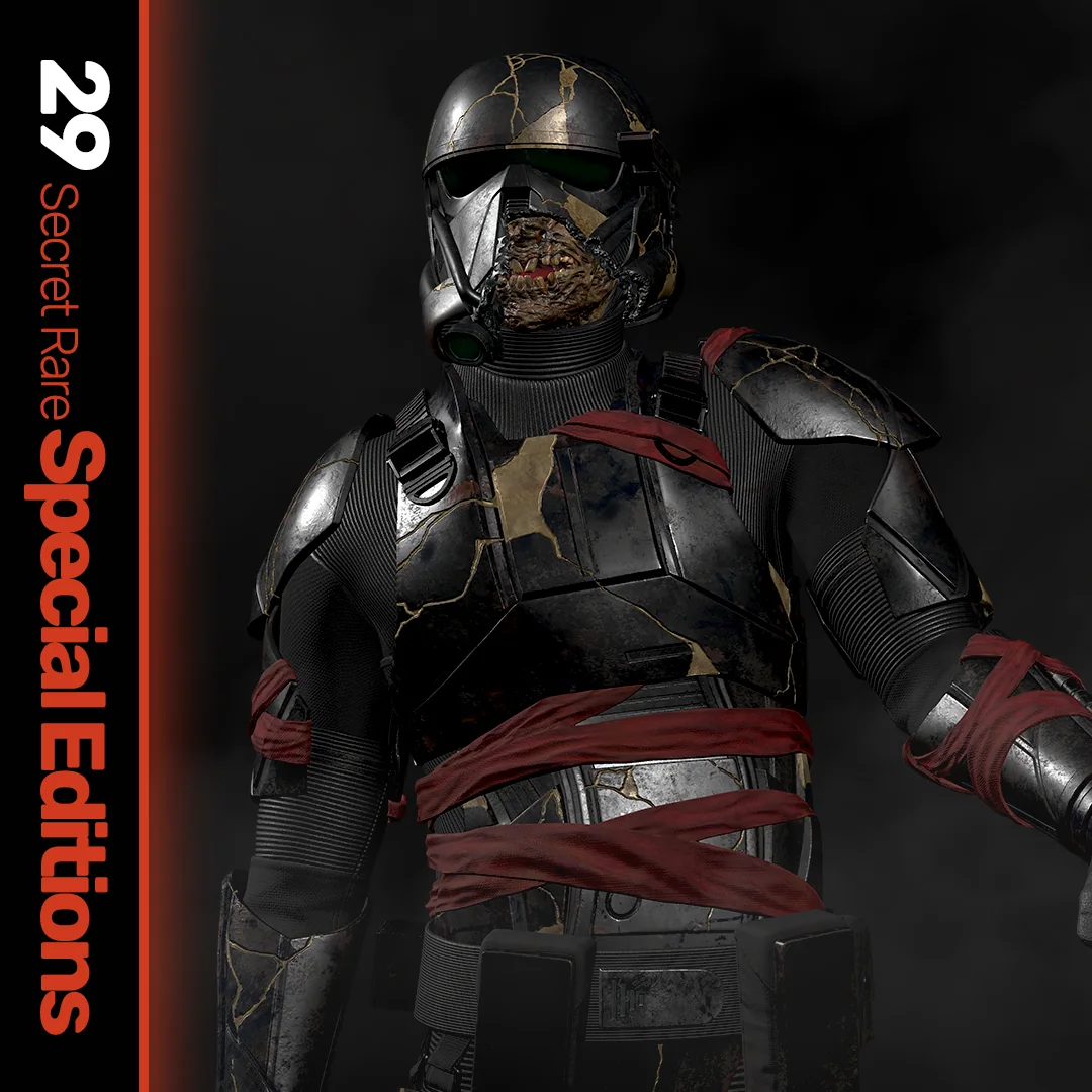 Frontansicht eines entstellten Night Troopers mit beschädigter Rüstung und roten Stoffbändern bei VeVe.
