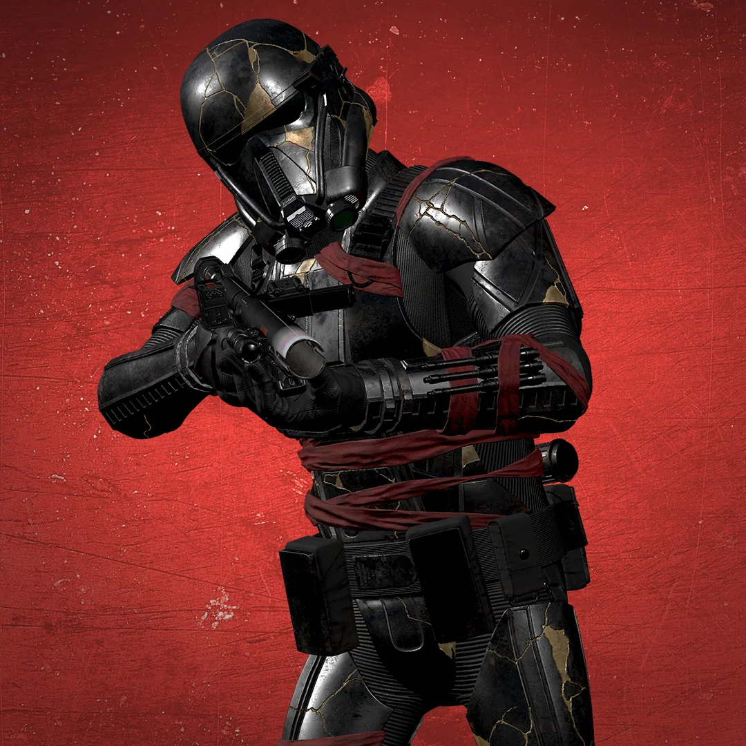 Star Wars Night Trooper mit gesenktem Gewehr, schwarzer Rüstung und roten Bändern vor rotem Hintergrund.