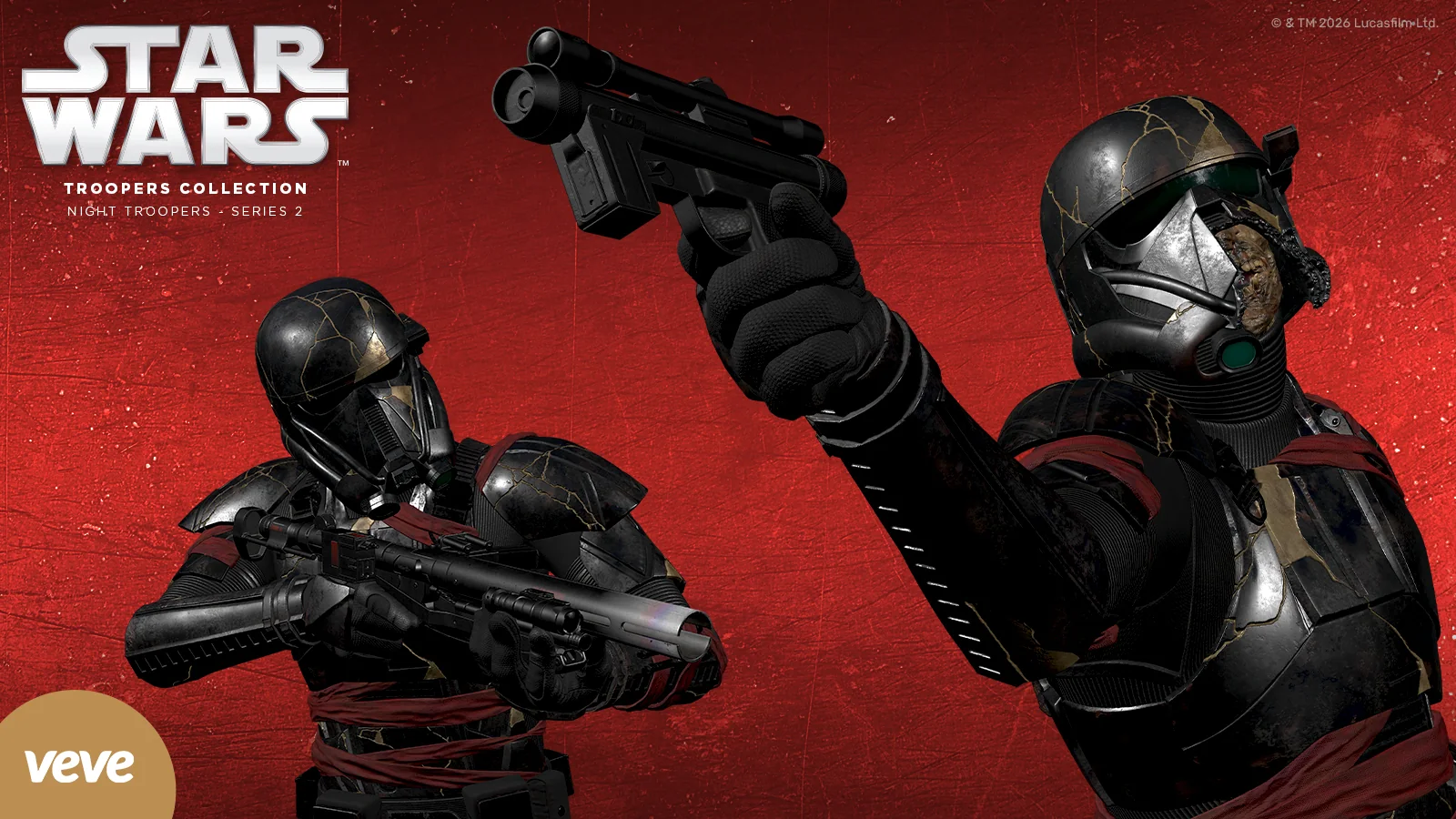Zwei bewaffnete Star Wars Night Troopers aus VeVe Serie 2 vor einem markanten roten Hintergrund.