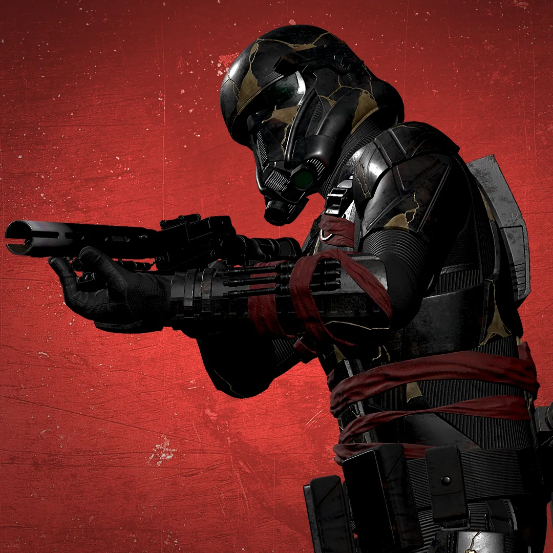 Seitliche Ansicht eines zielenden Star Wars Night Troopers mit Blaster und kampfgezeichneter Rüstung.
