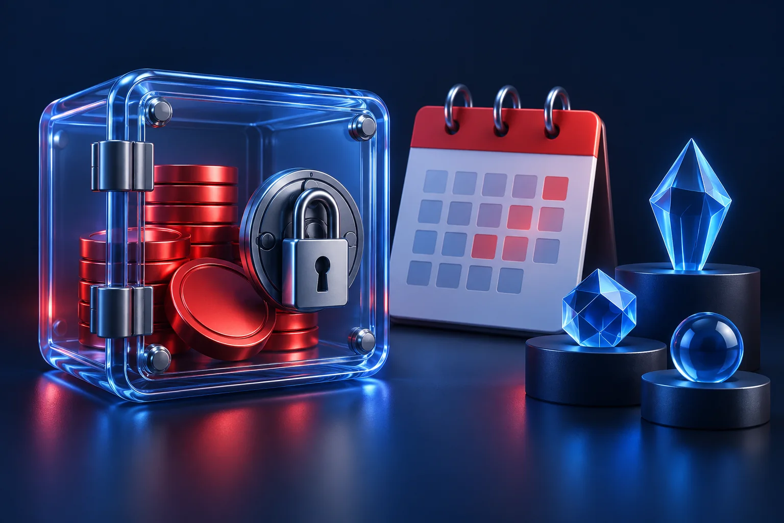 Concept illustration of red token discs in a locked glass vault beside a calendar and abstract blue gems.
